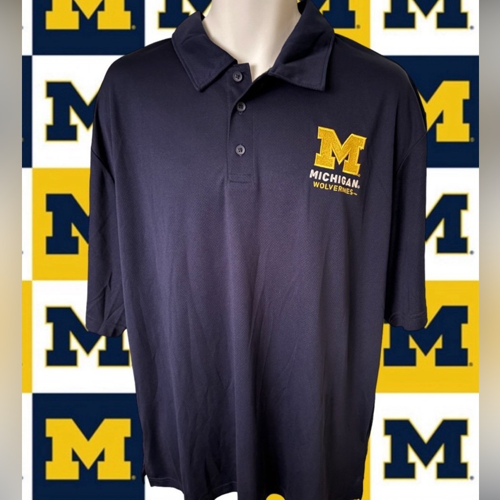 Michigan Wolverines Champion Blue Moisture Wick 2XL XXL Sewn Logo Polo Shirt NWT